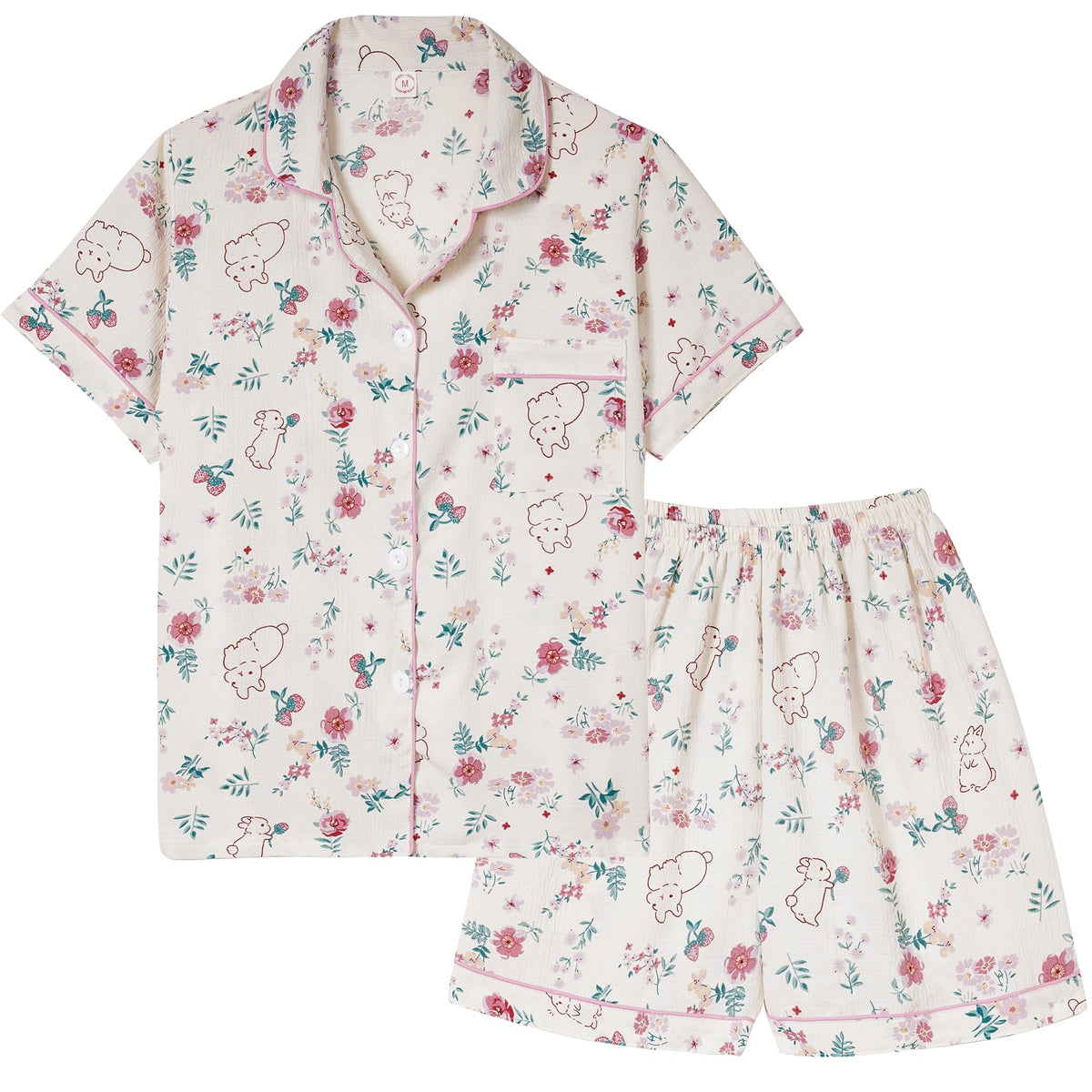 Vopmocld Big Girls Button Down Sleepwear Short Sleeve With Shorts 2PCS Pajama Sets Casual Lapel Loungewear Patterns Printed, 2PCS-Bunny, 10