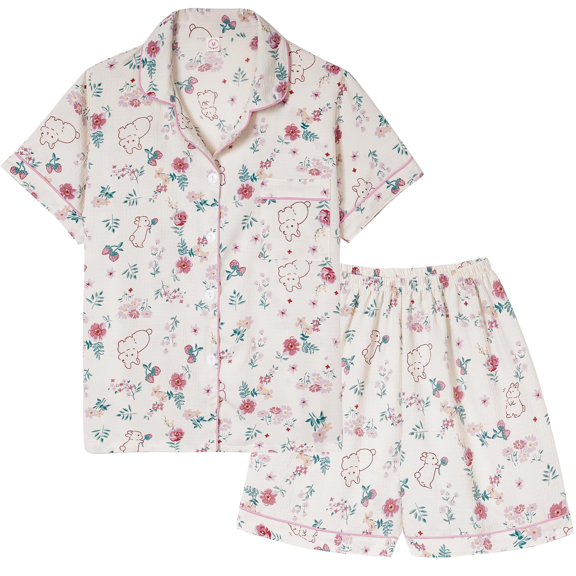 Vopmocld Big Girls Button Down Sleepwear Short Sleeve With Shorts 2PCS Pajama Sets Casual Lapel Loungewear Patterns Printed, 2PCS-Bunny, 10