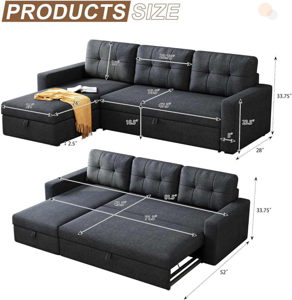 Upholstered Sleeper Sofa, L Shaped Sectional Couch with Reversible Storage, Convertible Corner Lounge Couches w/Pull Out Sofabed for Living Room, Apartment,Dark Grey