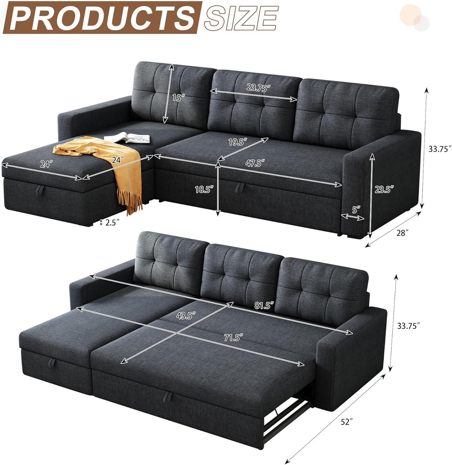 Upholstered Sleeper Sofa, L Shaped Sectional Couch with Reversible Storage, Convertible Corner Lounge Couches w/Pull Out Sofabed for Living Room, Apartment,Dark Grey