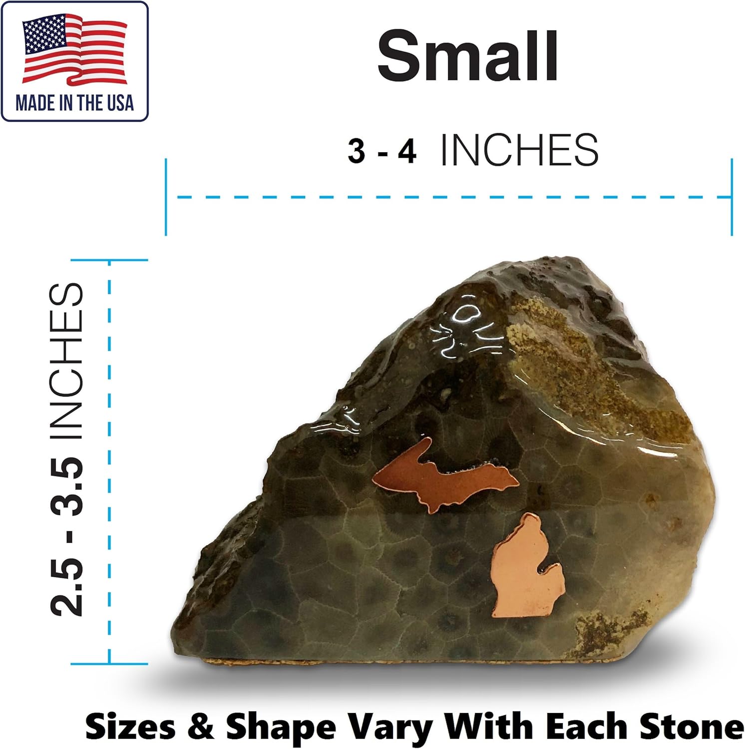 Hand Crafted Petoskey Stone (Small) Decorated with Michigan Copper. Michigan State Stones Great for Office Table or Desk Decor - Medium (Small)