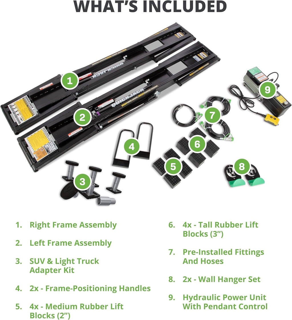 QuickJack Bundle - 8000TLX Portable Car Lift, Wall Hangers & SUV Adapters, ALI Certified, 8,000-lbs. Capacity, 110V Power Unit, Car Lift for Garage, Shop, & Mechanic