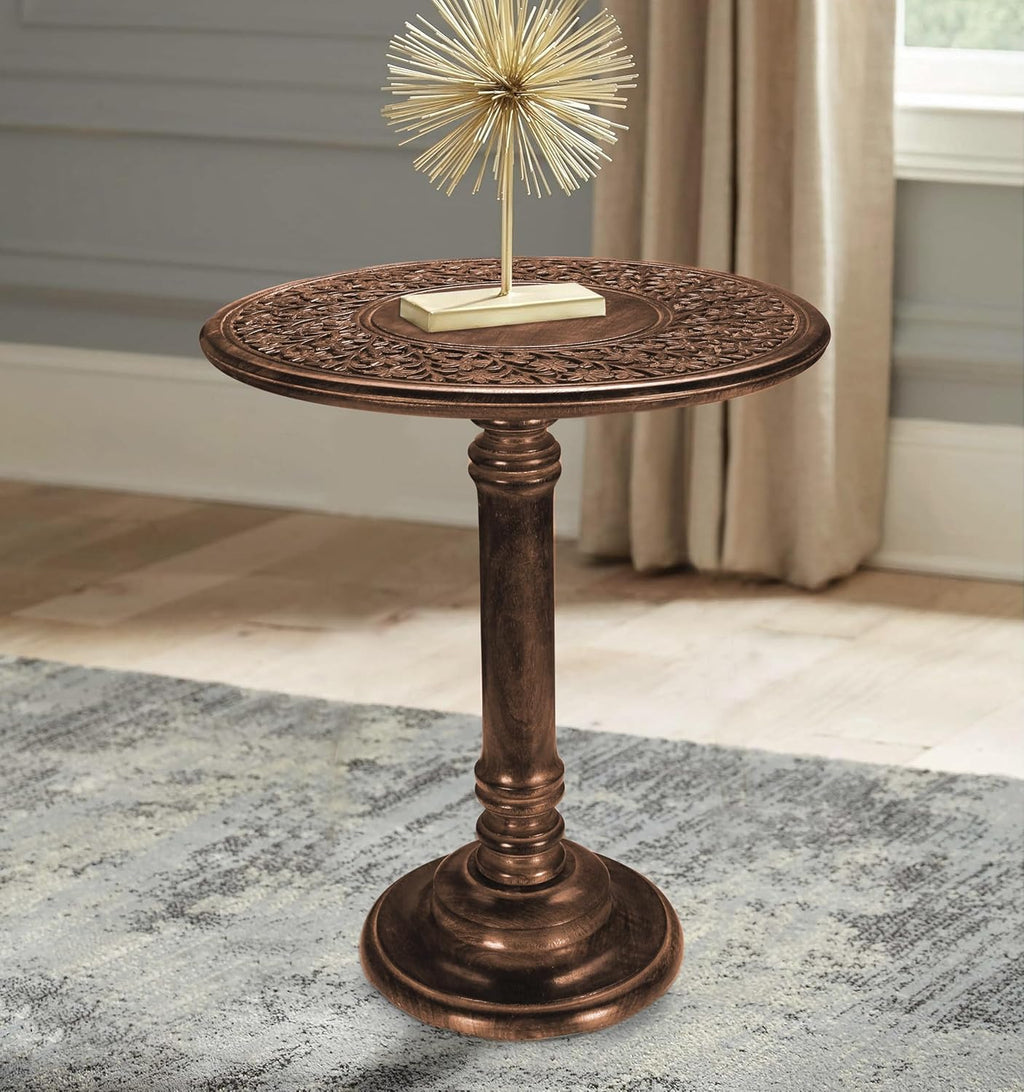 Wooden End Table for Living Room - 18x22 Burnt Finish Carved Side Table, Single Pillar Nightstand, Bedside Table for Books, Plants, Magazines, Small Space Accent Table