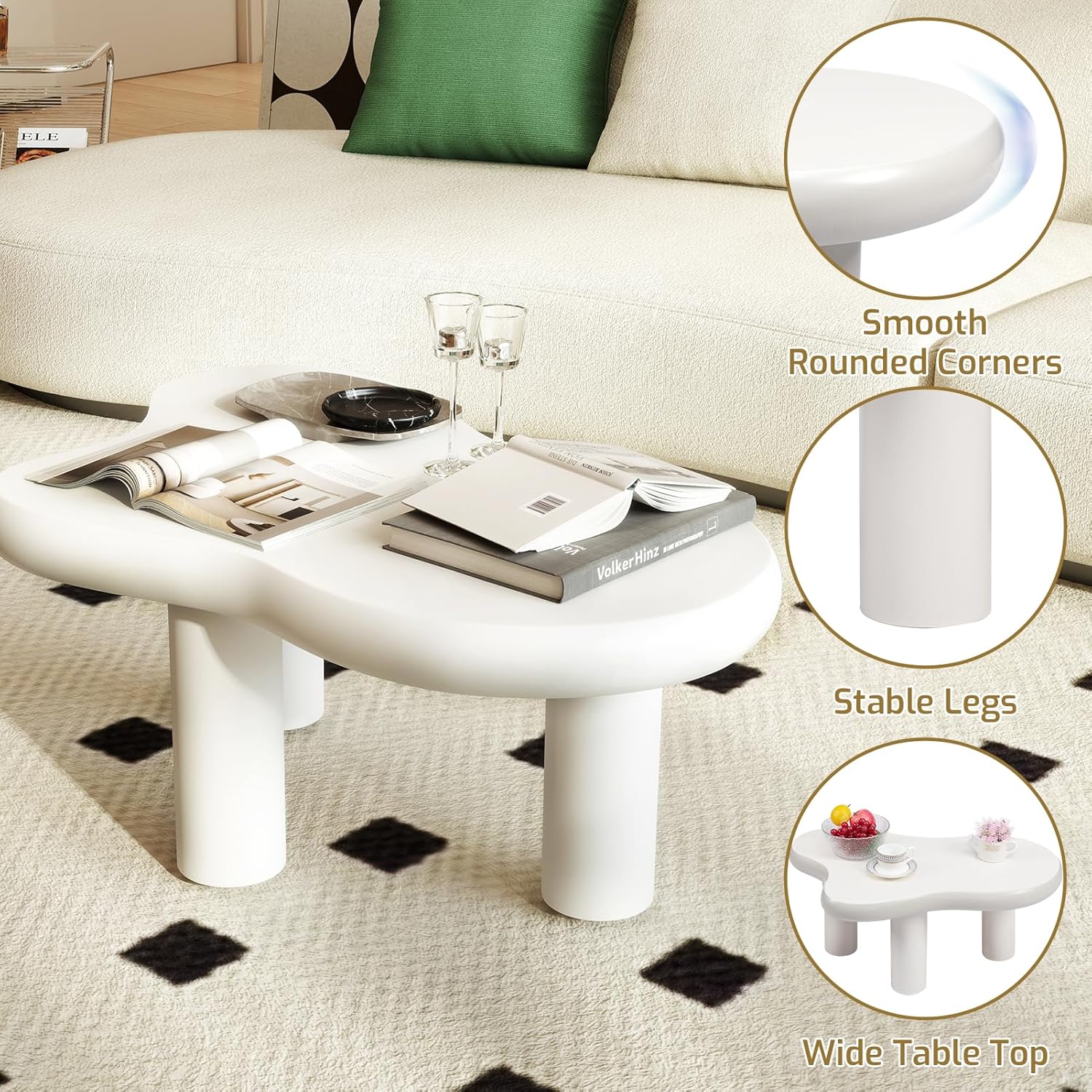 HollyHOME Cloud Coffee Table, Unique Design Accent Table for Living Room and Bedroom, Stylish and Functional Furniture Piece-Durable and Easy to Clean, Free Shape with 3 Legs, 33.9in, Cream White
