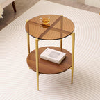 Round Coffee Table, Mid-Century Modern Design, D30 x H17, for Living Room, 2-Tier Structure, Amber Glass Top and Walnut MDF Shelf, Sleek Conical Metal Legs with Gold Finish