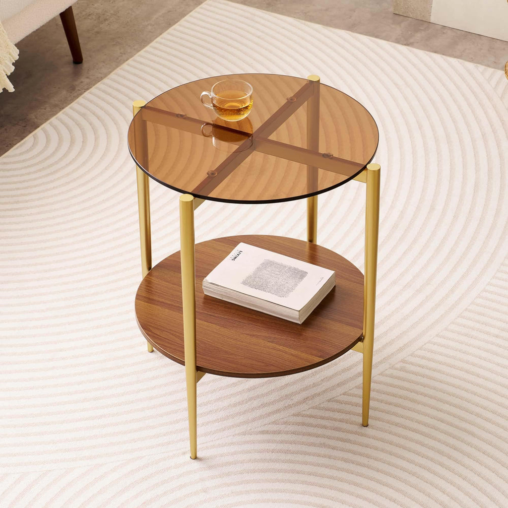 Extra Large Round Coffee Table, Mid-Century Modern Design, D34 x H17 in, for Living Room, 2-Tier Structure, Amber Glass Top and Walnut MDF Shelf, Sleek Conical Metal Legs with Gold Finish