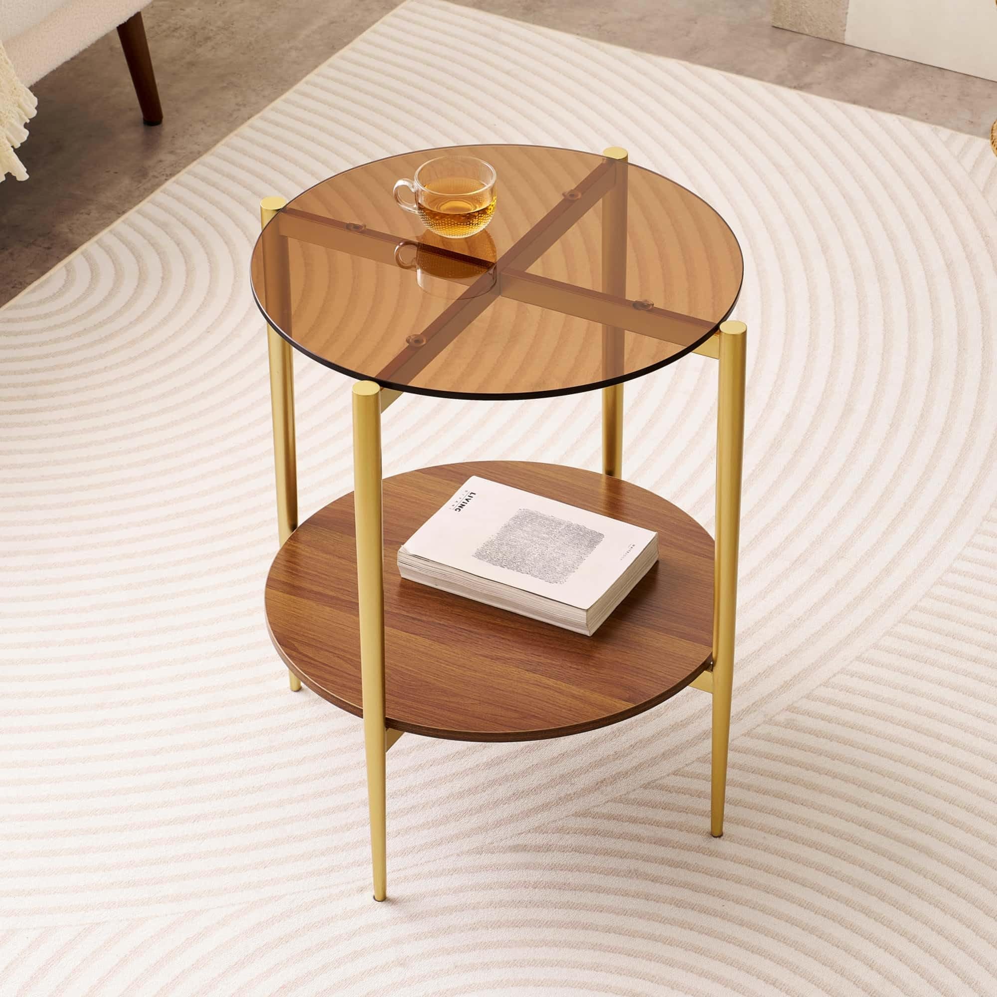 Extra Large Round Coffee Table, Mid-Century Modern Design, D34 x H17 in, for Living Room, 2-Tier Structure, Amber Glass Top and Walnut MDF Shelf, Sleek Conical Metal Legs with Gold Finish