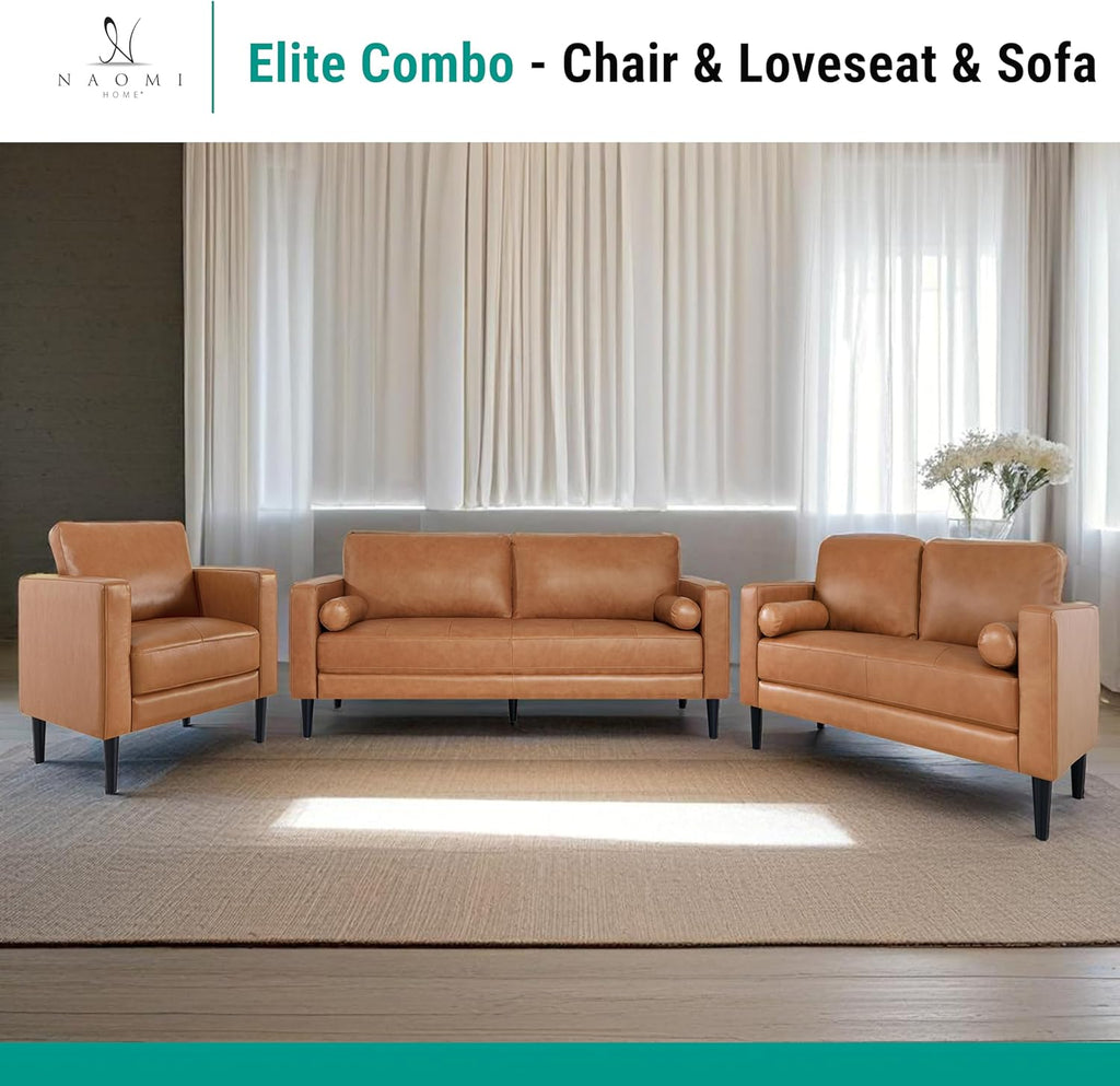 Naomi Home Marisa Genuine Leather 3 Piece Sofa Set - Revel in Exquisite Leather Opulence - Unparalleled Luxury Mid-Century 3 Piece Sofa Set- Embodiment of Cozy Lounging,Contemporary Design,Tan