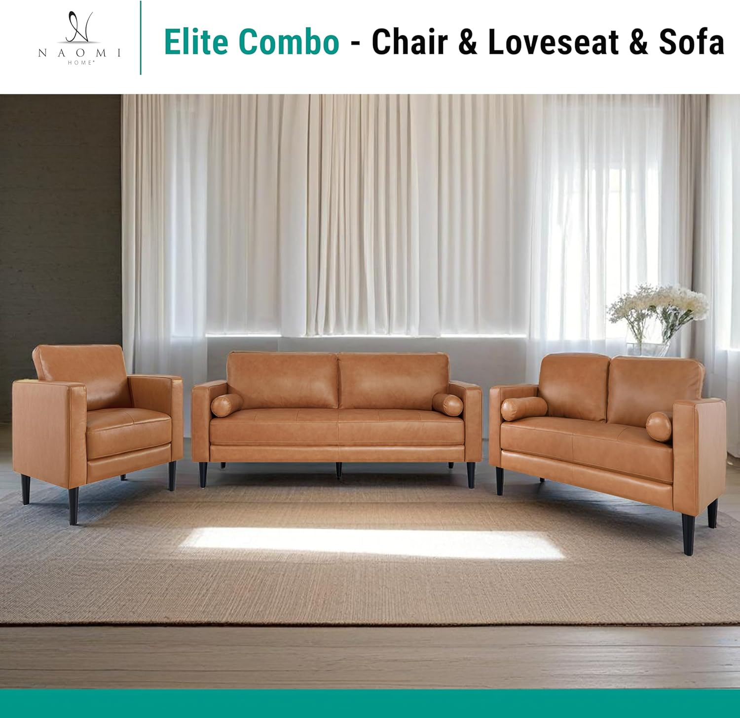 Naomi Home Marisa Genuine Leather 3 Piece Sofa Set - Revel in Exquisite Leather Opulence - Unparalleled Luxury Mid-Century 3 Piece Sofa Set- Embodiment of Cozy Lounging,Contemporary Design,Tan