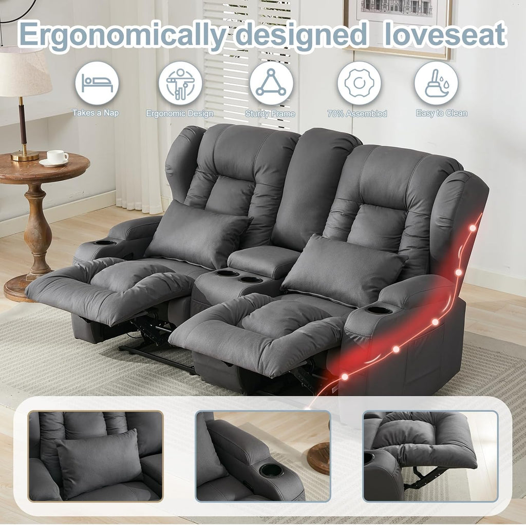 SAMERY 65.5" RV Loveseat Double Recliner With Console | Wall Hugger Reclining Sofa | Theater Seats | Couch | Furniture for RV and Home (Dark Gray)