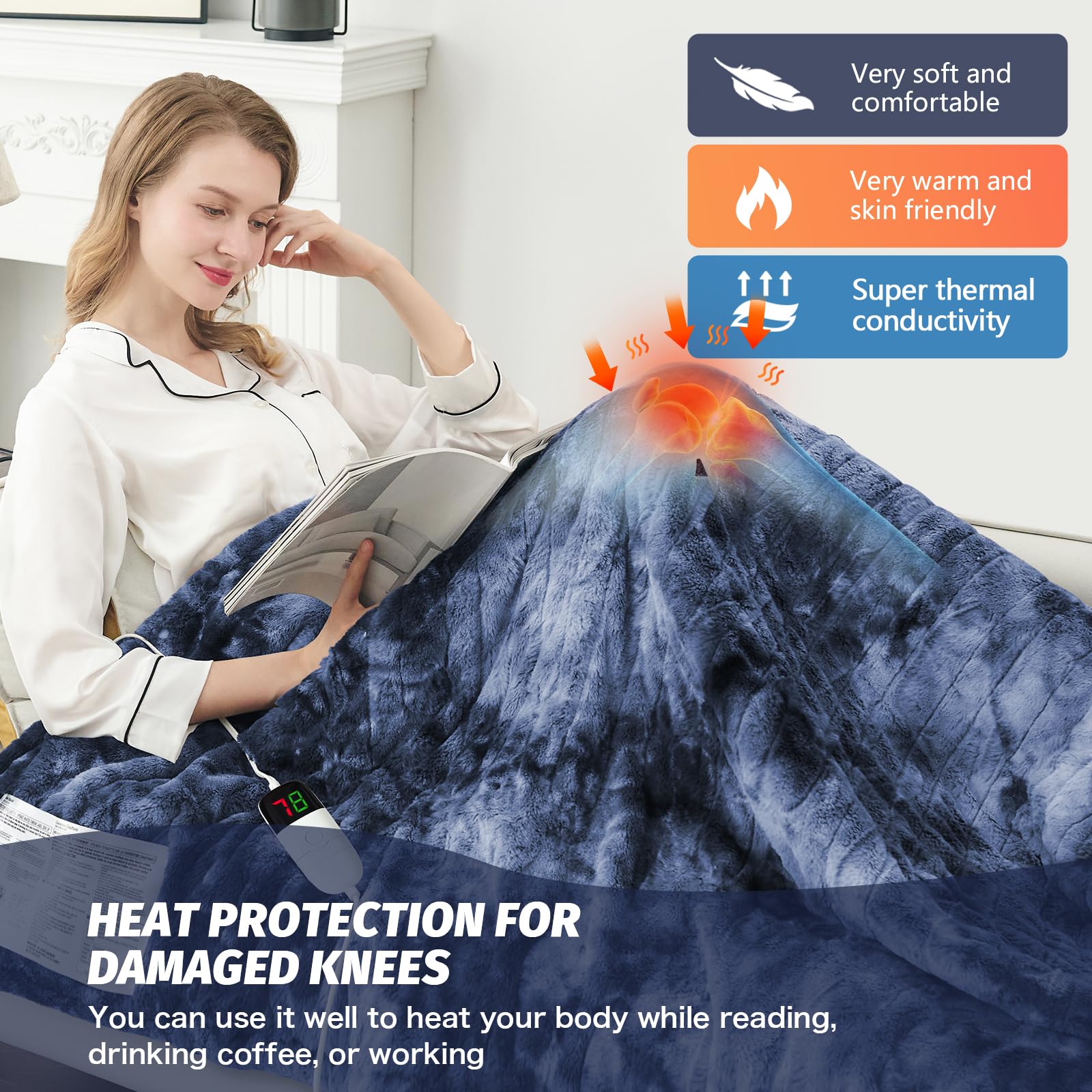 Manta Elétrica Aquecida OCTROT - Manta de Aquecimento em Sherpa de Lã para Sofá, Manta de Aquecimento de Pelo Sintético para Colo com Temporizador de 5 Posições e 10 Níveis de Aquecimento, Certificação ETL&FCC, para Adultos