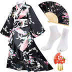 Women's Kimono Robe Geisha Yukata Sweet Tuxedo Ruffle Dress Blossom Satin Bathrobe Sleepwear Fans Tabi Socks Set