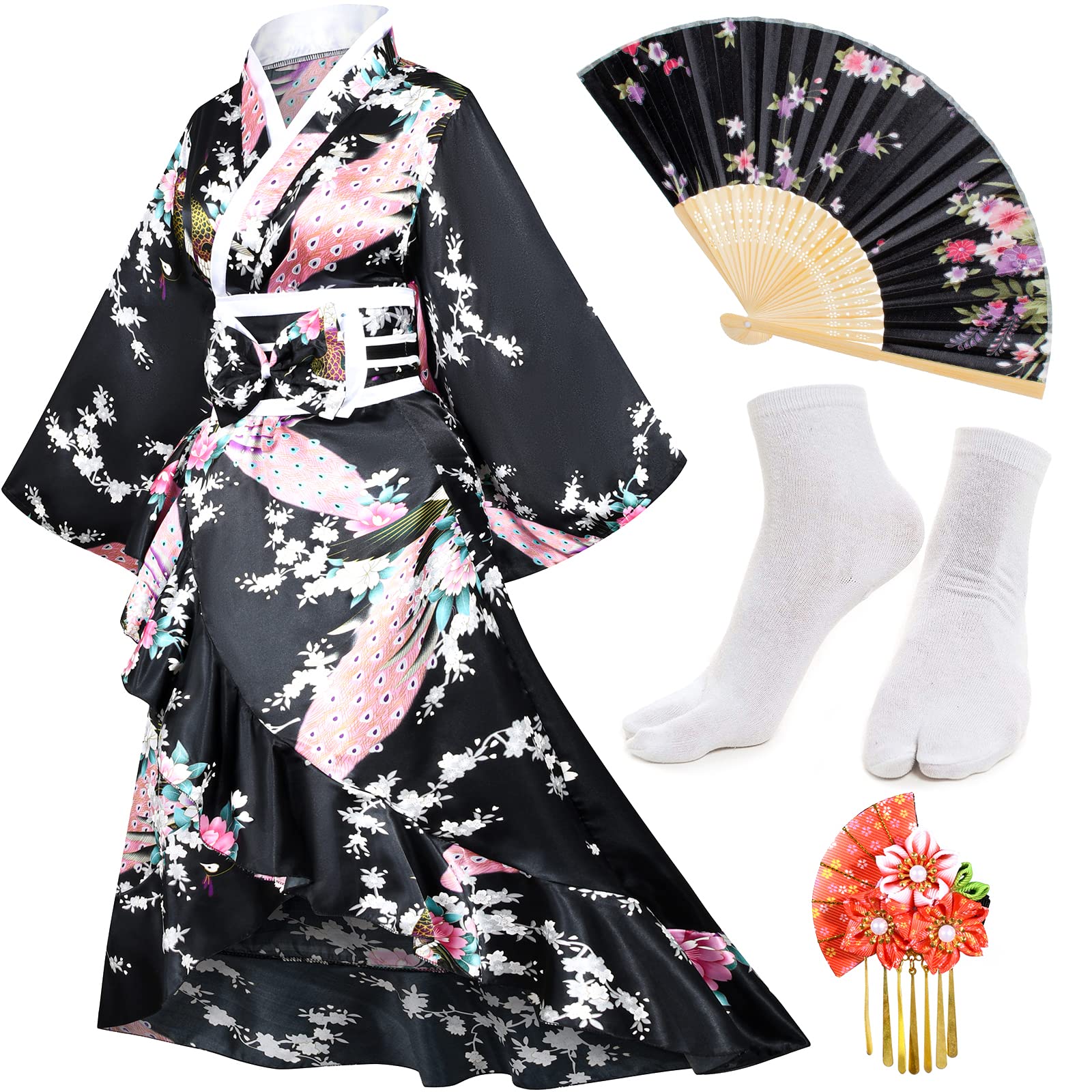 Women's Kimono Robe Geisha Yukata Sweet Tuxedo Ruffle Dress Blossom Satin Bathrobe Sleepwear Fans Tabi Socks Set