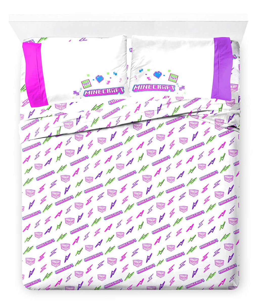 Jay Franco Kids Sheet Set with Fitted, Flat Sheets & Pillow Cover - Ultra-Soft Bedding with Pillowcase for Room Decor, Blue - Minecraft Creeper, 4 Piece Full