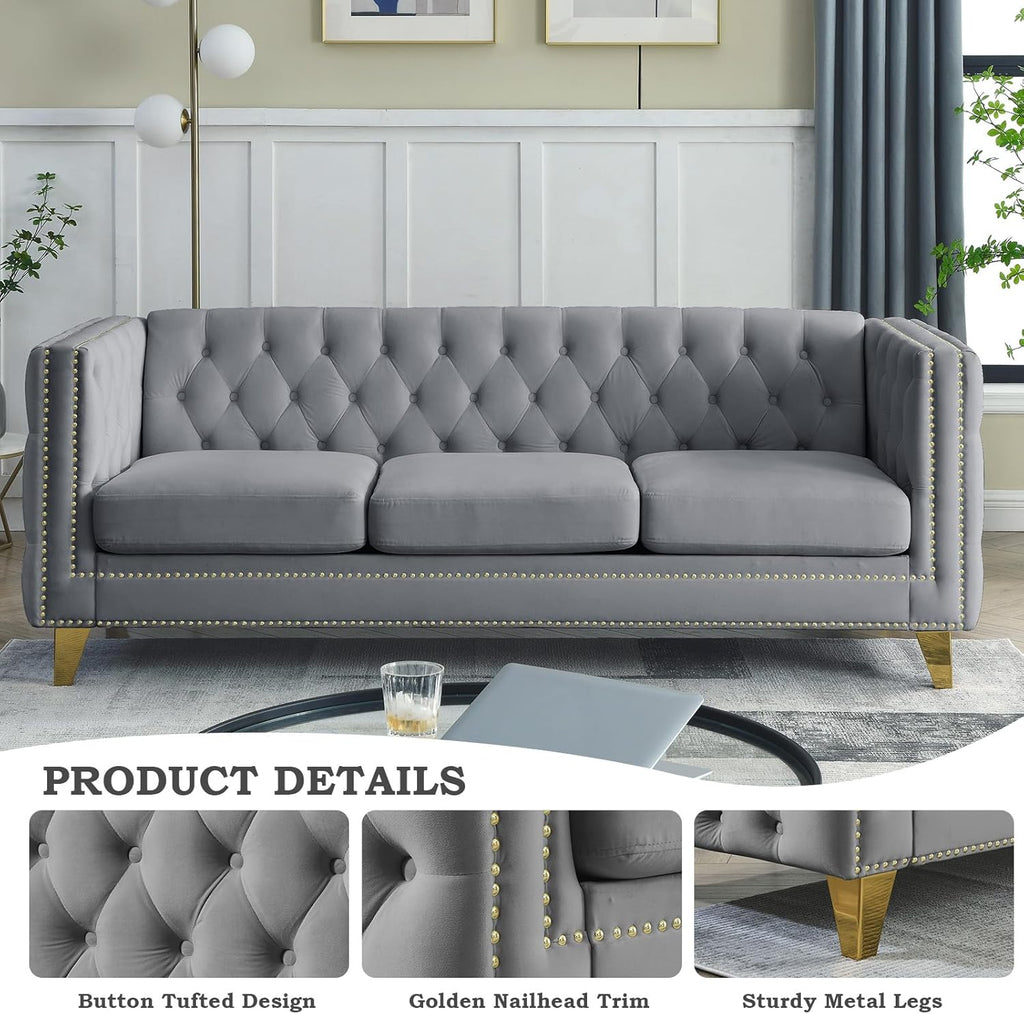 Chesterfield Sofa,Oversized Velvet Sofa Couch,Deep Seat 3 Seater Sofa,Modern Sofa Chair with Button Nailhead,Upholstered Futon Couches,Furniture for Living Room,Bedroom,Office(Grey)