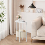 Vagusicc Round Side Table End Table with Storage Basket, Small Side Table Round Nightstand for Small Spaces, Tall Oval End Table with Steel Frame, Coffee Bedside Table for Living Room Bedroom, White