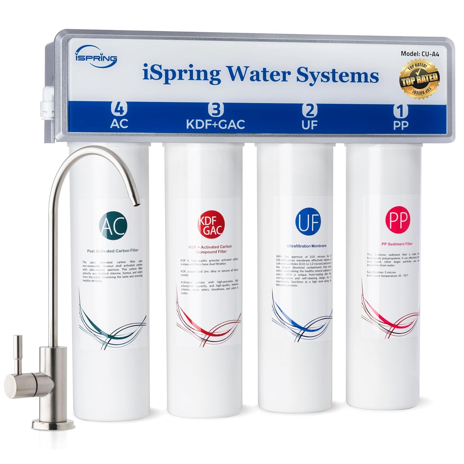 iSpring CU-A4 0.01μm Ultra-Filtration Under Sink Water Filter System, Tankless 4-Stage High Capacity, Remove 99.99% Contaminants, Quick Filter Change with Brushed Nickel Faucet, White