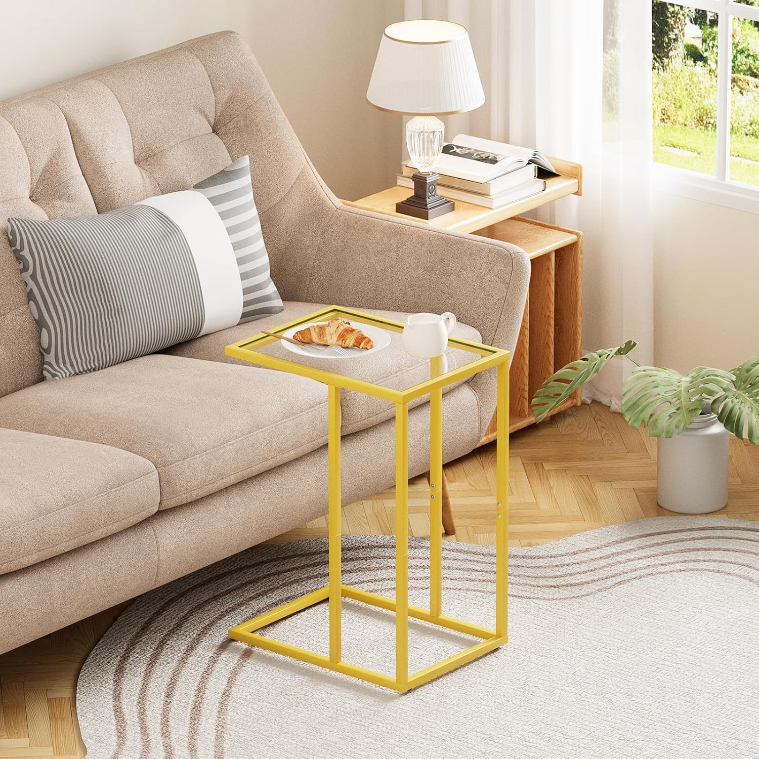 C Table Side End Table, Small C Shaped Table for Sofa,Glass Couch Sofa Tray Snack Table for Living Room, Bedroom,TV Tray Table for Small Space,Accent Coffee Table,Nightstand with Metal Frame(Yellow)