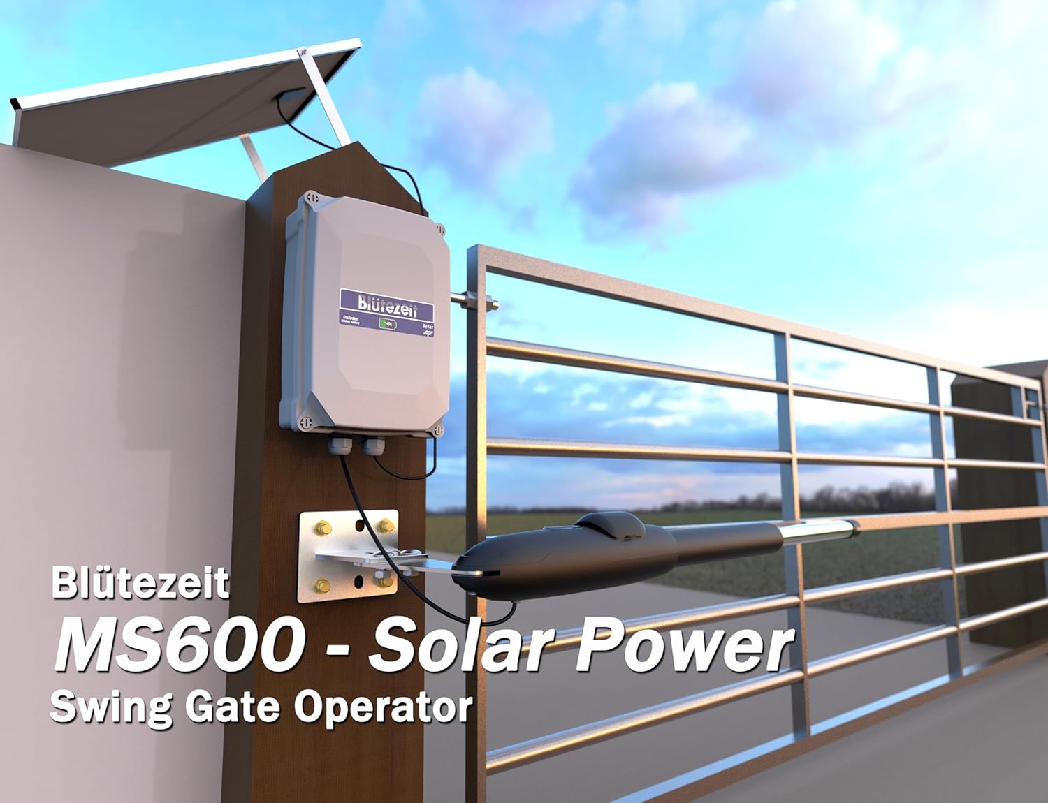 Blütezeit Solar Swing Gate Opener, 880lb Single-Arm Operator with Built-in 24V Lithium Battery & 25W Solar Panel, Integrated Control Box for Easy Install, Smart Auto Setting, 2 Remotes & Complete Kits