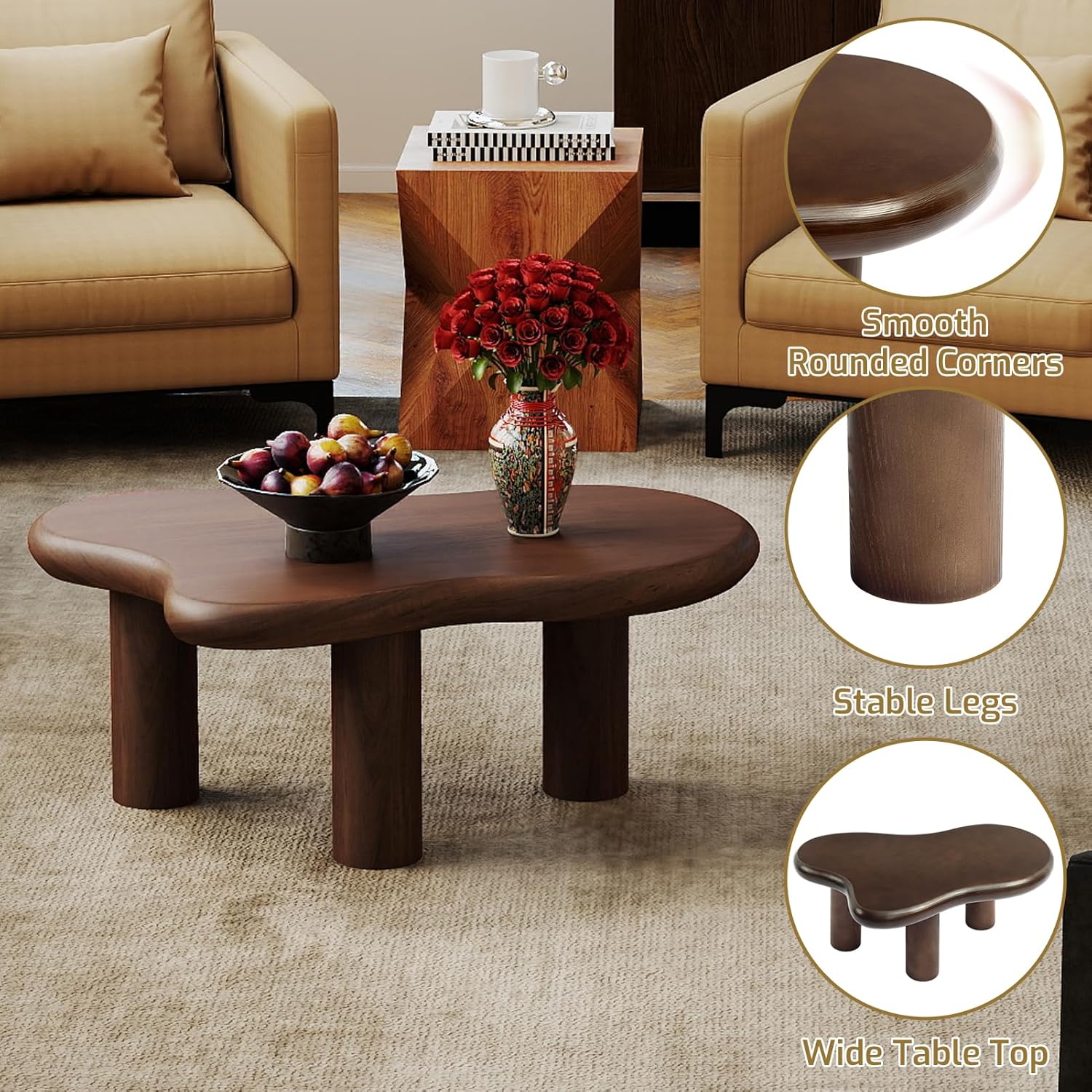HollyHOME Cloud Coffee Table, Unique Design Accent Table for Living Room and Bedroom, Stylish and Functional Furniture Piece-Durable and Easy to Clean, Free Shape with 3 Legs, 33.9in, Dark Walnut