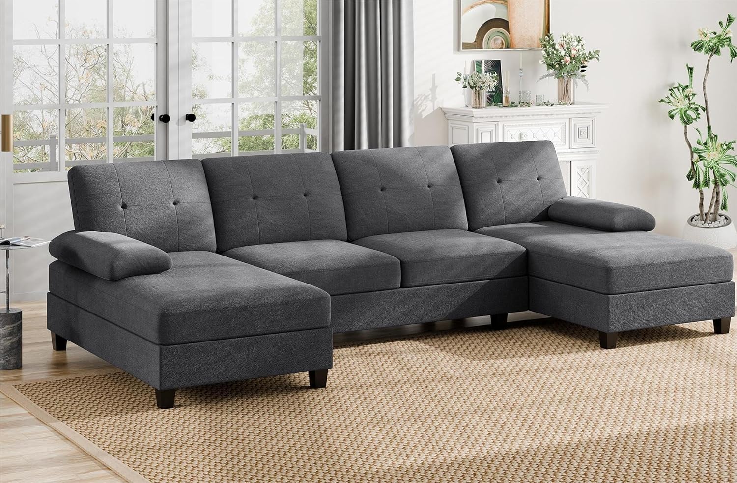 Walsunny Sectional Couches for Living Room, Convertible U-Shaped Sofa Couch with Double Chaise, 4 Seat Sofa Set Modular Sofa Couch for Apartment, Black
