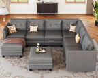LLappuil Modular Sectional Sofa, Oversized U Shaped Sofa with Storage, Sectional Couch for Living Room, Faux Leather Fabric Waterproof Sofa, 7 Seats with Ottoman, Dark Grey
