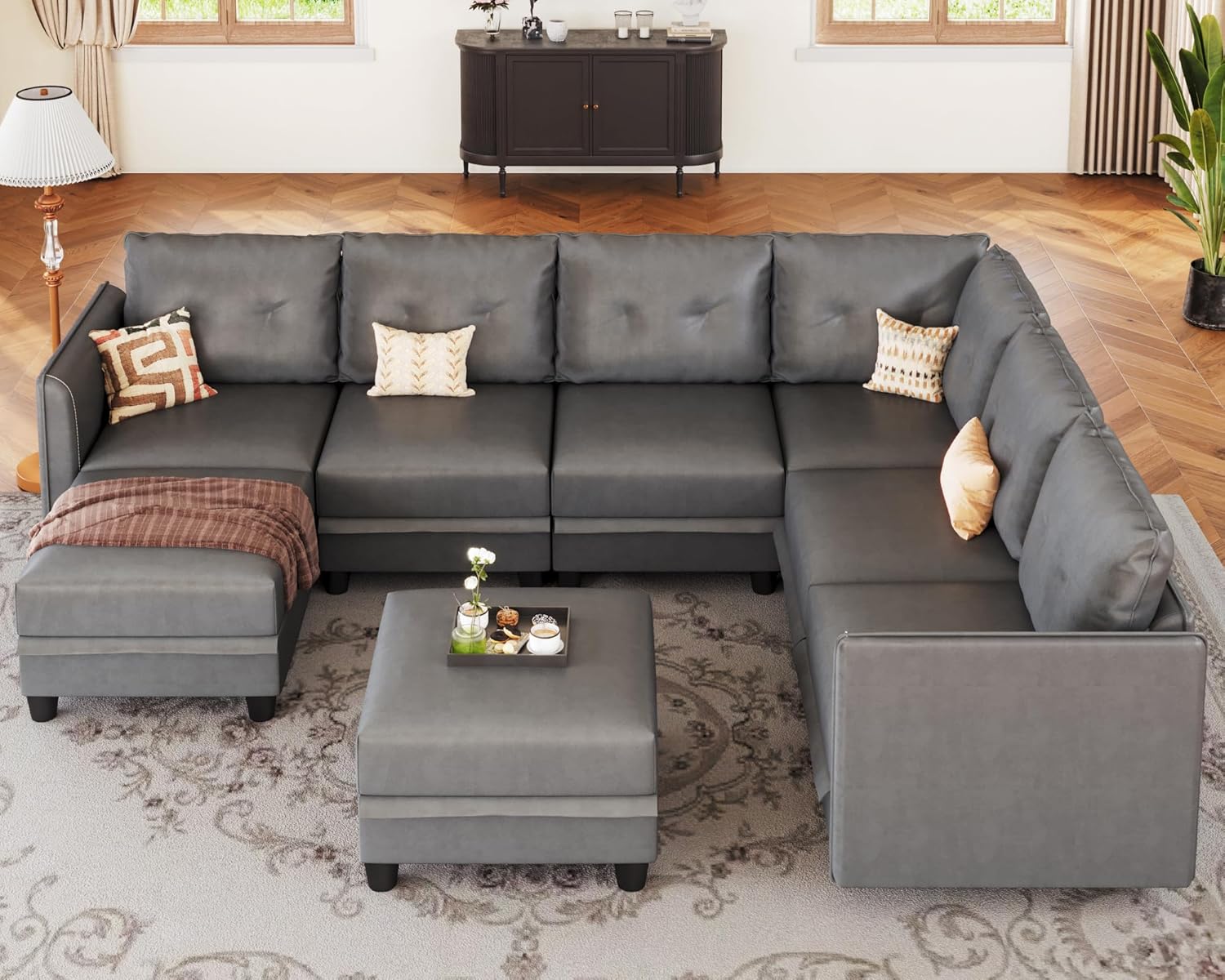 LLappuil Modular Sectional Sofa, Oversized U Shaped Sofa with Storage, Sectional Couch for Living Room, Faux Leather Fabric Waterproof Sofa, 7 Seats with Ottoman, Dark Grey