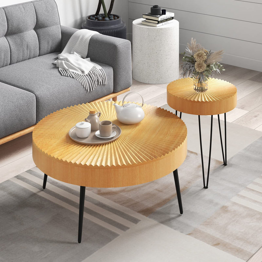 Giantex Boho Round Coffee Table Set of 2, Sofa Side Nesting Table with Solid Pine Wood Top, Metal Legs & Adjustable Foot Pads, 31.5" D Large Table Set for Living Room (Ring Pattern, Brown)