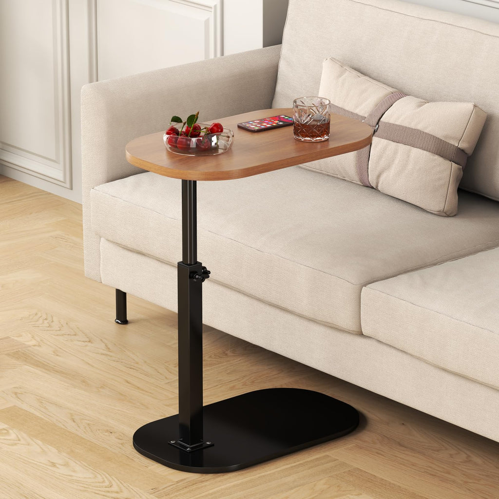 C Shaped Side Table, Adjustable Height C Shaped End Table, 360°Swivel Couch Side Tables That Slide Under, Modern Small Coffee C Table End Table for Sofa/Bed/Bathtub, Rotating Tabletop (Rust Brown)