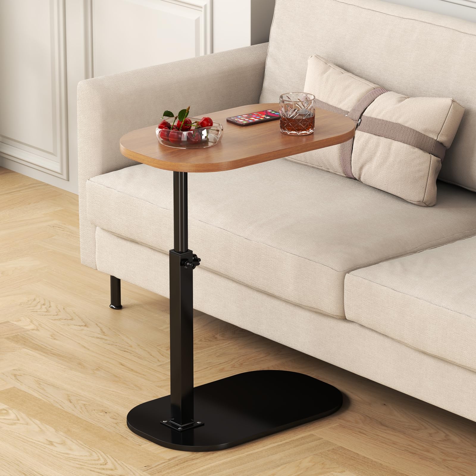 C Shaped Side Table, Adjustable Height C Shaped End Table, 360°Swivel Couch Side Tables That Slide Under, Modern Small Coffee C Table End Table for Sofa/Bed/Bathtub, Rotating Tabletop (Rust Brown)