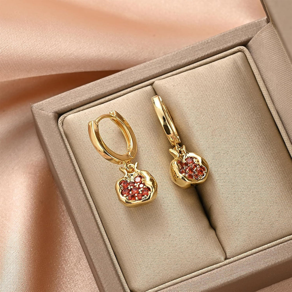Pomegranate Earrings Necklace for Women 18k Gold Plated Cubic Zirconia Inlay Red Pomegranate Pendant Necklace Gold Hoop Earrings Jewelry Set