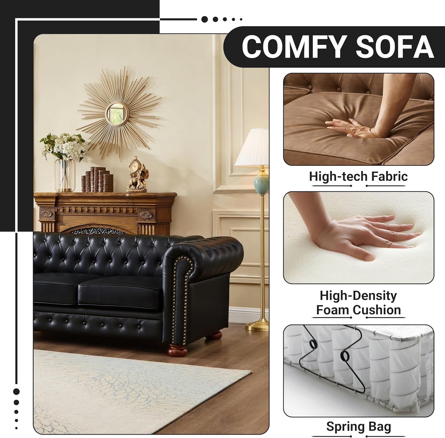 Chesterfield Leather Sofa, 89" Mid Century Modern Couch with Low Back, Roll Arm Nailhead Trim Classic 3 Seater Couch for Living Room, Office, Apartment, PU Black