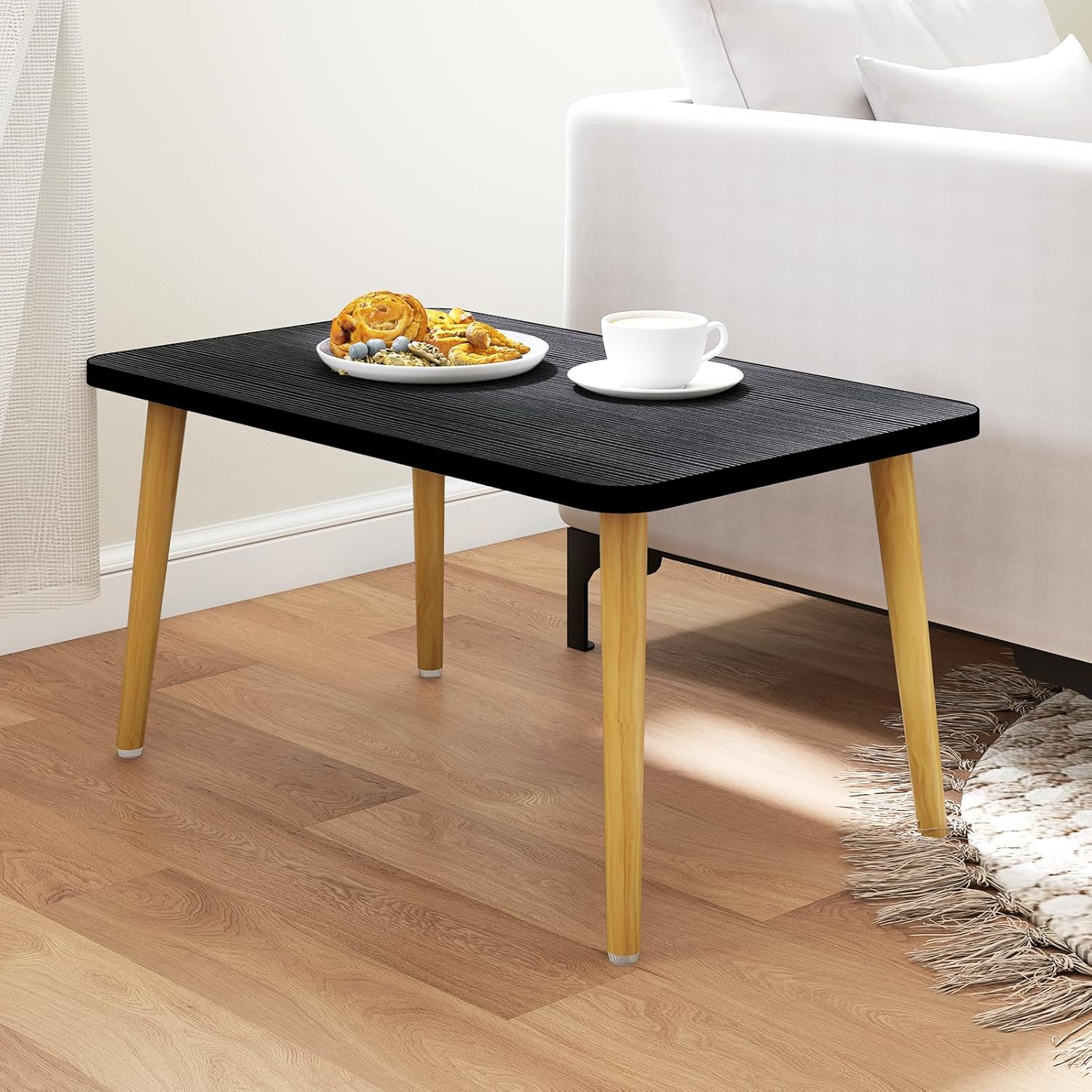 Square Coffee Table Low Table with 4 Solid Wood Sturdy Legs, Floor Table Desk for Sitting on The Floor, Storage and Living Room Furniture (Black)
