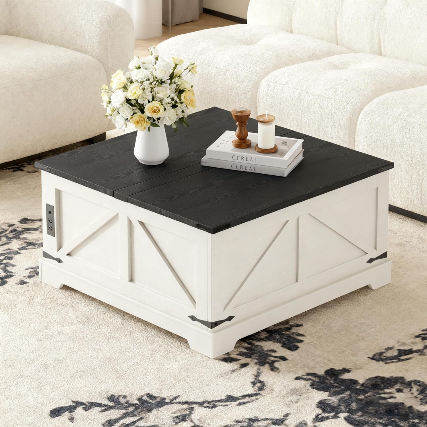 Coffee Table with Storage, 31.5" W Farmhouse Lift Top Wood Square Center Table with Charging Station, Rustic Cocktail Tables with Flip Top Lids for Living Room, Home Office, Rustic White