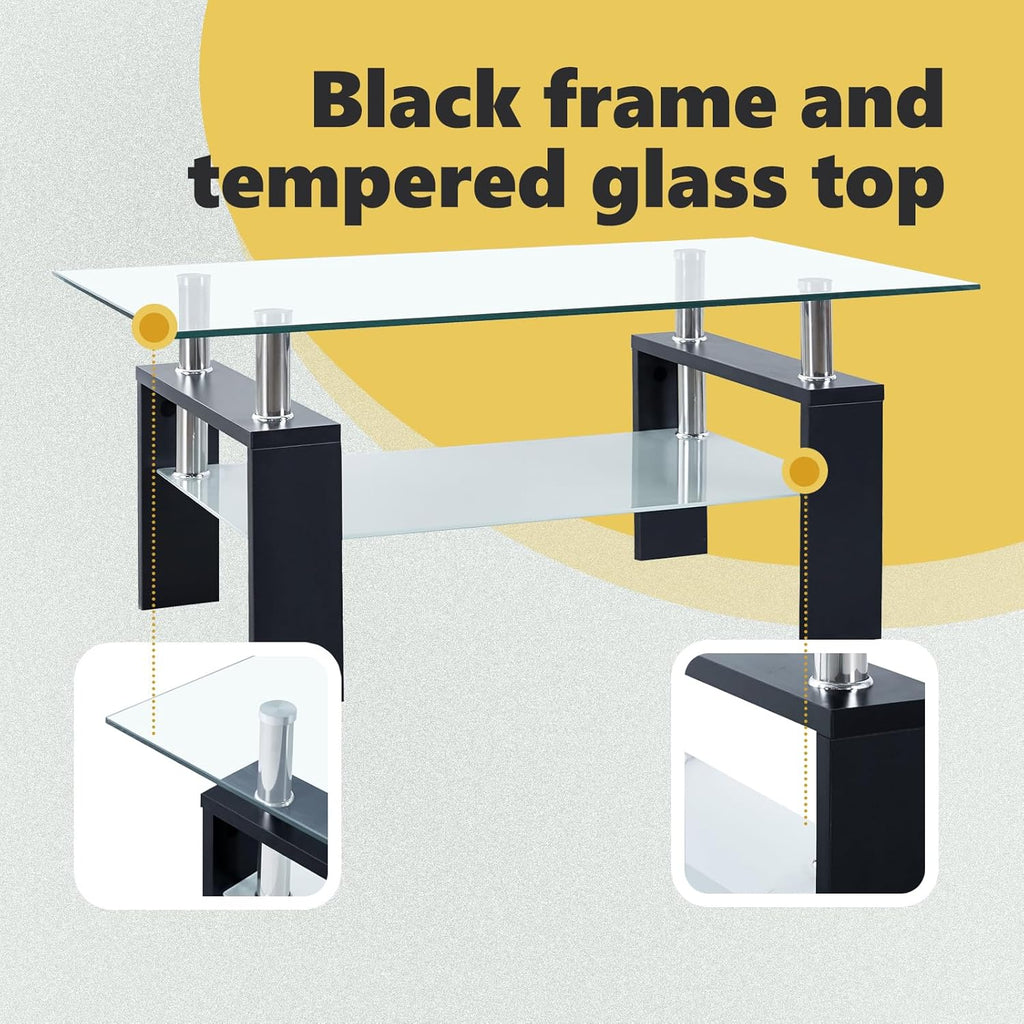 vidaXL Coffee Table with Black Melamine Frame and Tempered Glass Top, Side Table for Living Room, 37.4''x21.7''x15.7'', Black and Transparent