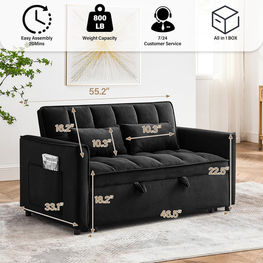 3 in 1 Sleeper Sofa Bed,Velvet Convertible Sofa Bed Pull-Out Bed Couch With Side Pockets,55'' Loveseat Sleeper Sofa with Adjustable Backrest for Living Room,Bedroom,Apartment and Small Space,Black