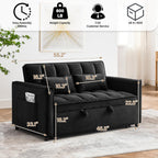 3 in 1 Sleeper Sofa Bed,Velvet Convertible Sofa Bed Pull-Out Bed Couch With Side Pockets,55'' Loveseat Sleeper Sofa with Adjustable Backrest for Living Room,Bedroom,Apartment and Small Space,Black