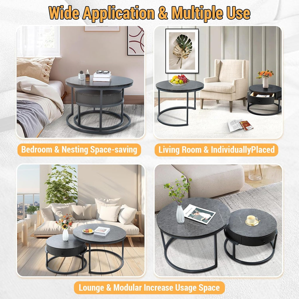 Round Nesting Coffee Tables Set: Gray Marble End Tables Set of 2 - Modern Metal Stacking Side Tables for Living Room Small Spaces