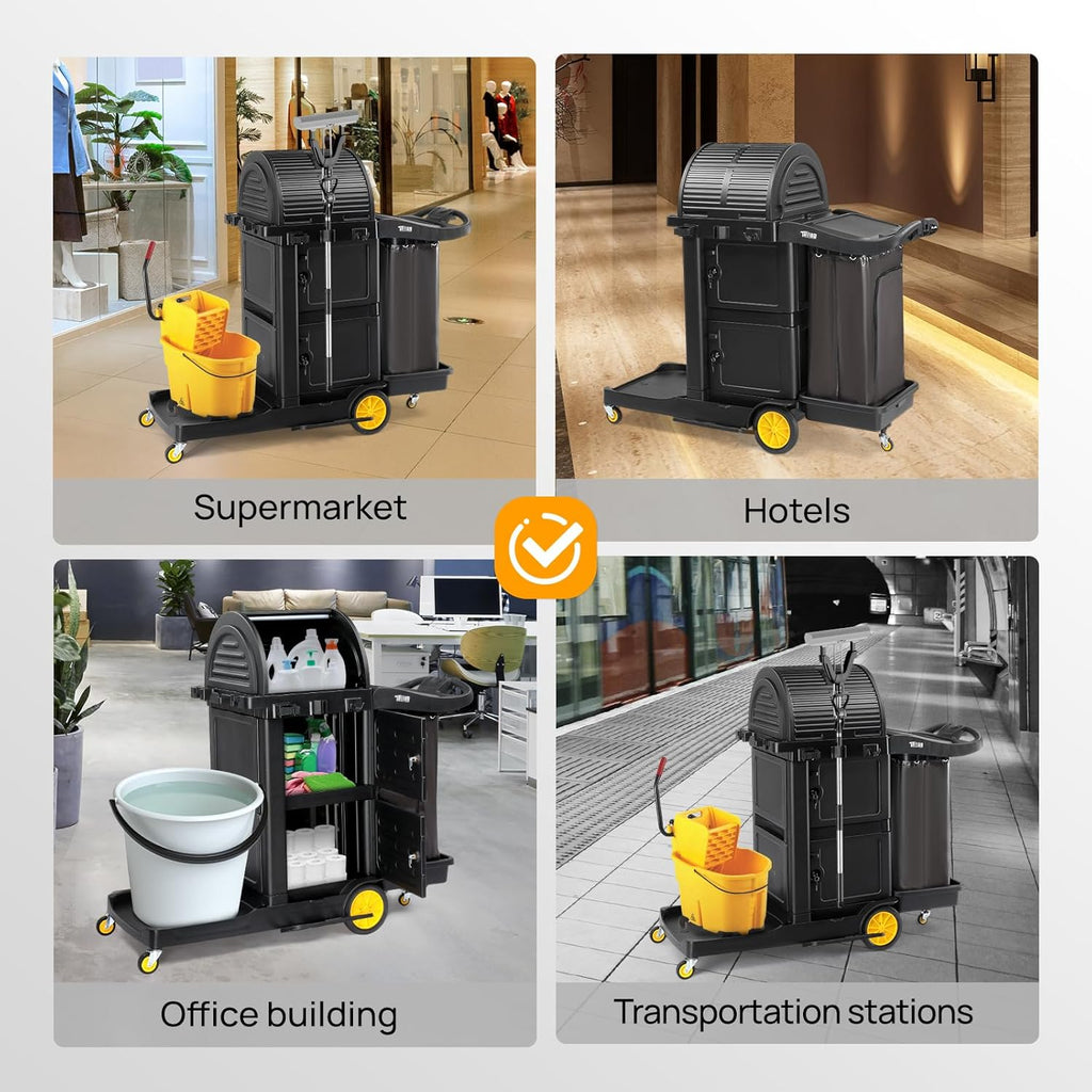 TUFFIOM Janitorial Cart with Key-Locking Cabinet, 3-Shelf Commercial Cleaning Cart with Wheels, Housekeeping Caddy with Locker, Black, Great for Hotel, Stores, Schools, and Business