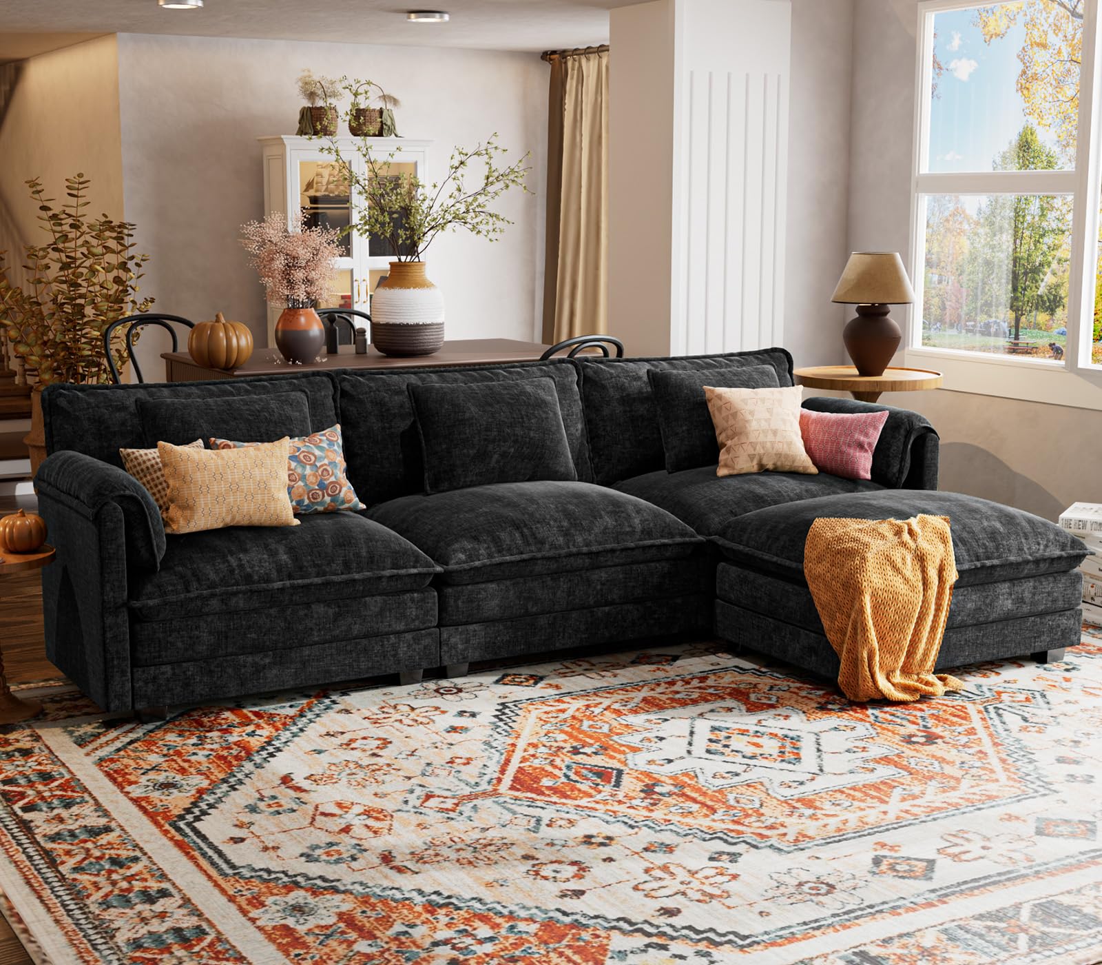 ELUCHANG 113" Modular Sectional Sofa, Comfy Cloud Couch, L Shaped Deep Seat Sofa Couches for Living Room, 4-Seater Modern Sofa with Movable Ottoman, DIY Combination - Chenille Green