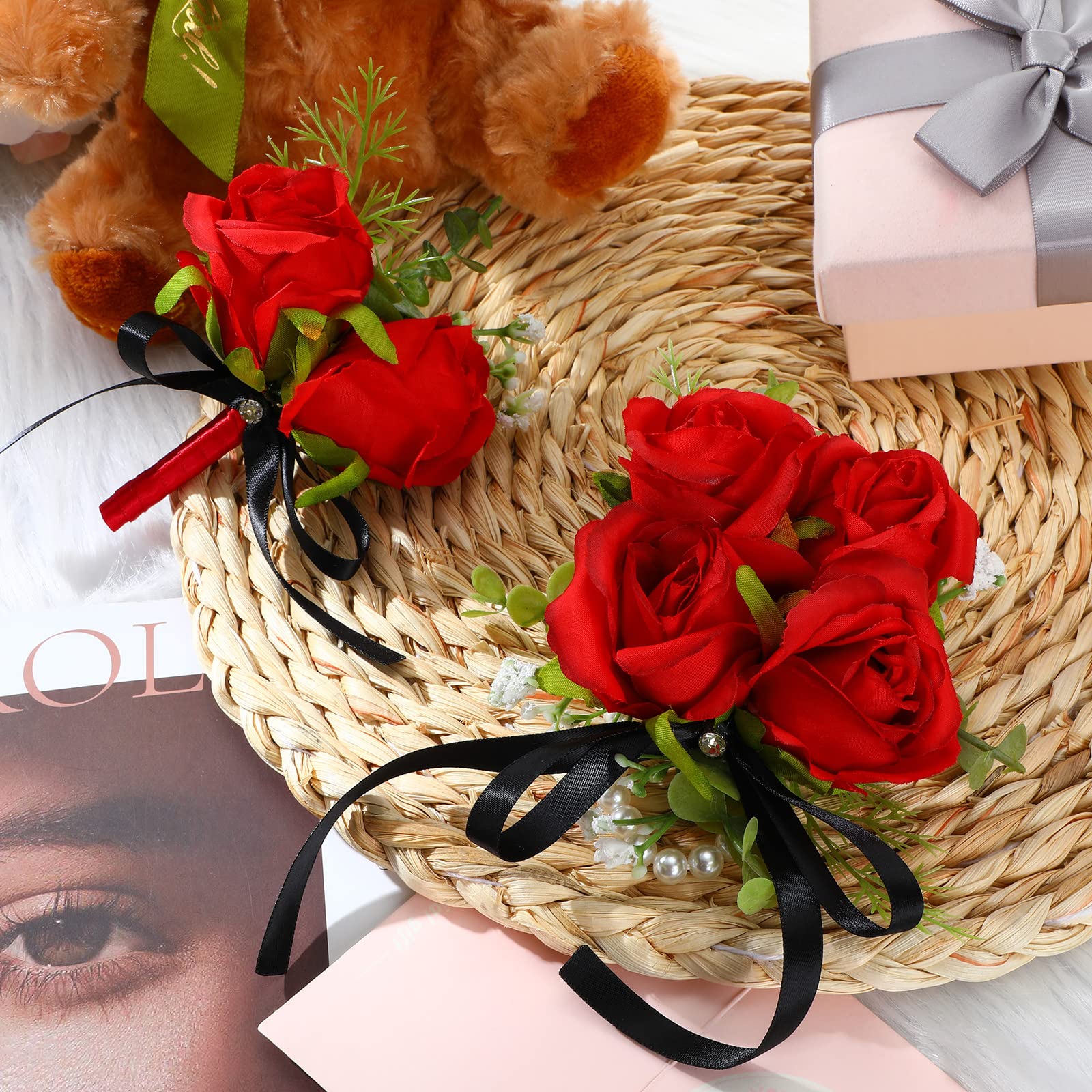 ست ۲ عددی گل سینه و دستبند مچ دست یونلی، گل رز مصنوعی به رنگ قرمز شرابی، دستبند مچ دست گل سینه، دکور گل مچ دست برای مردان، زنان، عروس، ساقدوش‌ها، لوازم عروسی، دکور لباس مهمانی