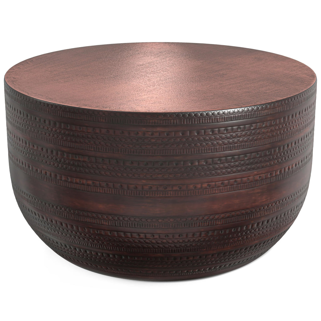 SIMPLIHOME Johnsen Metal Table - 15 inch Wide Solid Iron Drum Accent Table in Antique Copper with Tribal Pattern, Round Boho End Table for Living Room, Bedroom, or Home Office, Fully Assembled