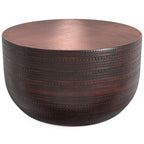 SIMPLIHOME Johnsen Metal Table - 15 inch Wide Solid Iron Drum Accent Table in Antique Copper with Tribal Pattern, Round Boho End Table for Living Room, Bedroom, or Home Office, Fully Assembled