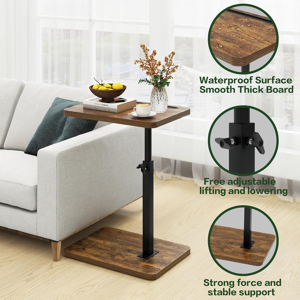 IBUYKE C Shaped Side Table, 360° Swivel Height Adjustable End Table for Small Spaces, with Phone & Tablet Slot, Modern Small Coffee Snack Table for Sofa/Bed, Retro Brown UTVT003H