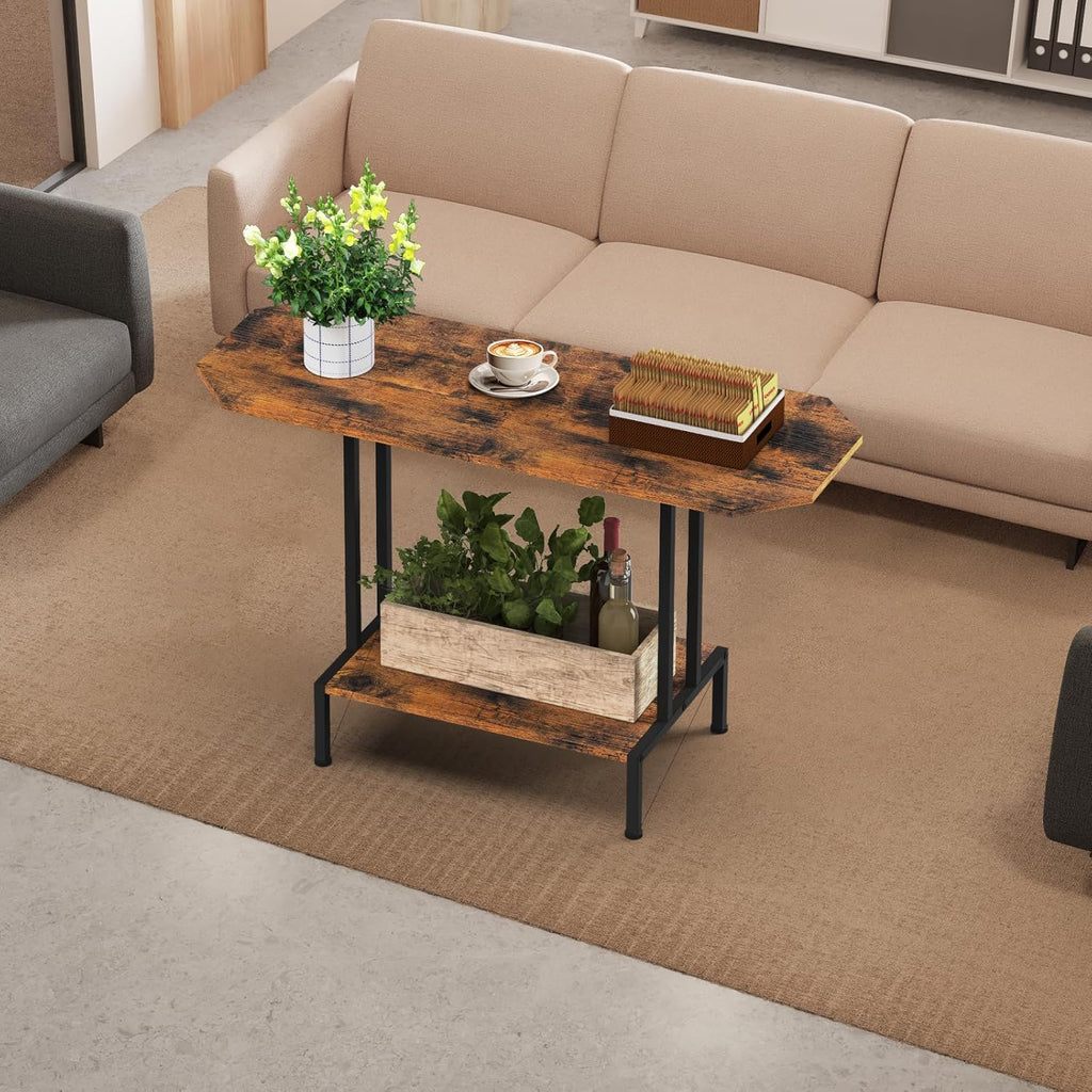 Coffee Table for Living Room, 2 Tier Small Center Table Industrial Coffee Table with Open Storage Shelf and Metal Frame for Farmhouse Bedroom Office, Rustic Brown