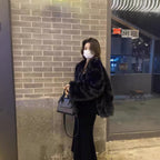 Black Faux Fox Fur Plush Green Fur Coat