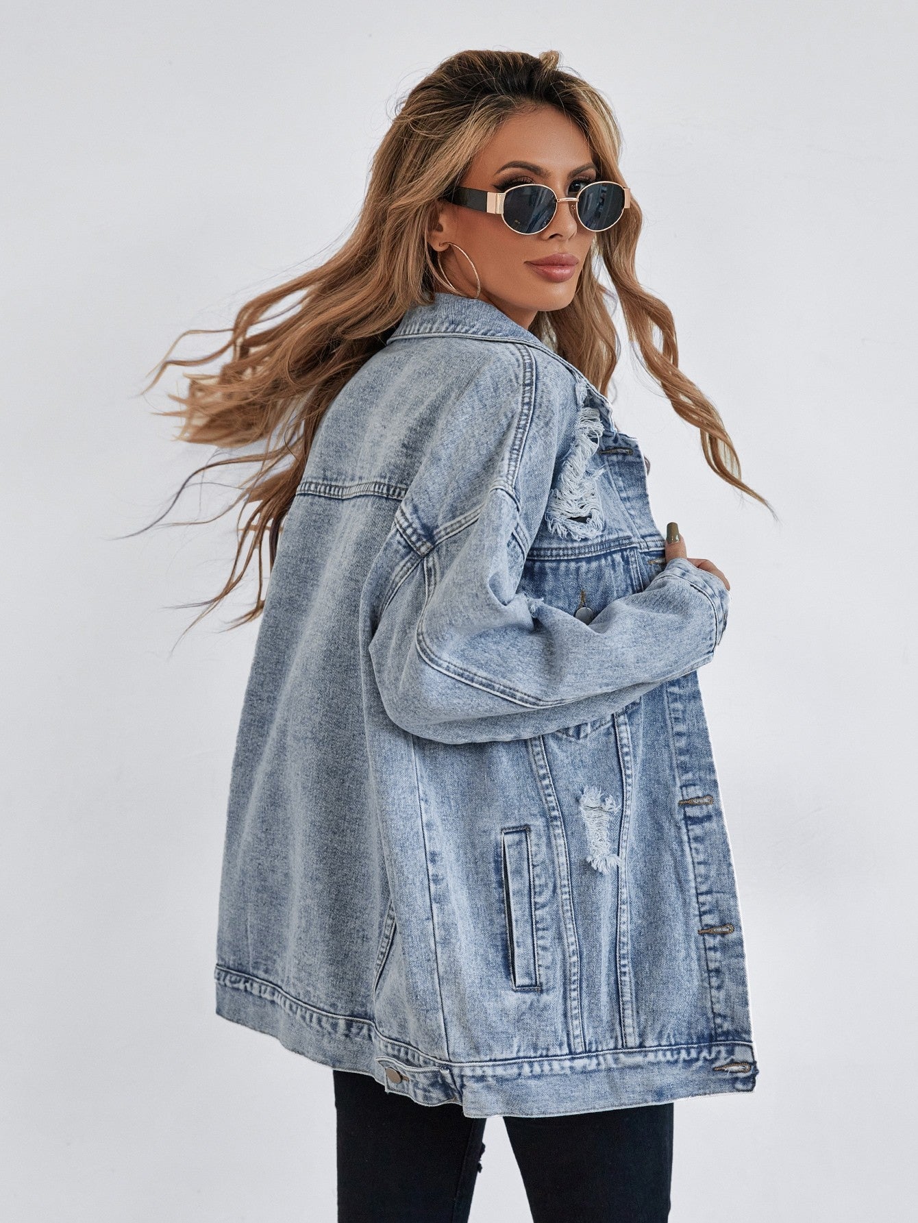 Button Blue Front Flap Pocket Drop Shoulder Denim Jacket - Grand Goldman