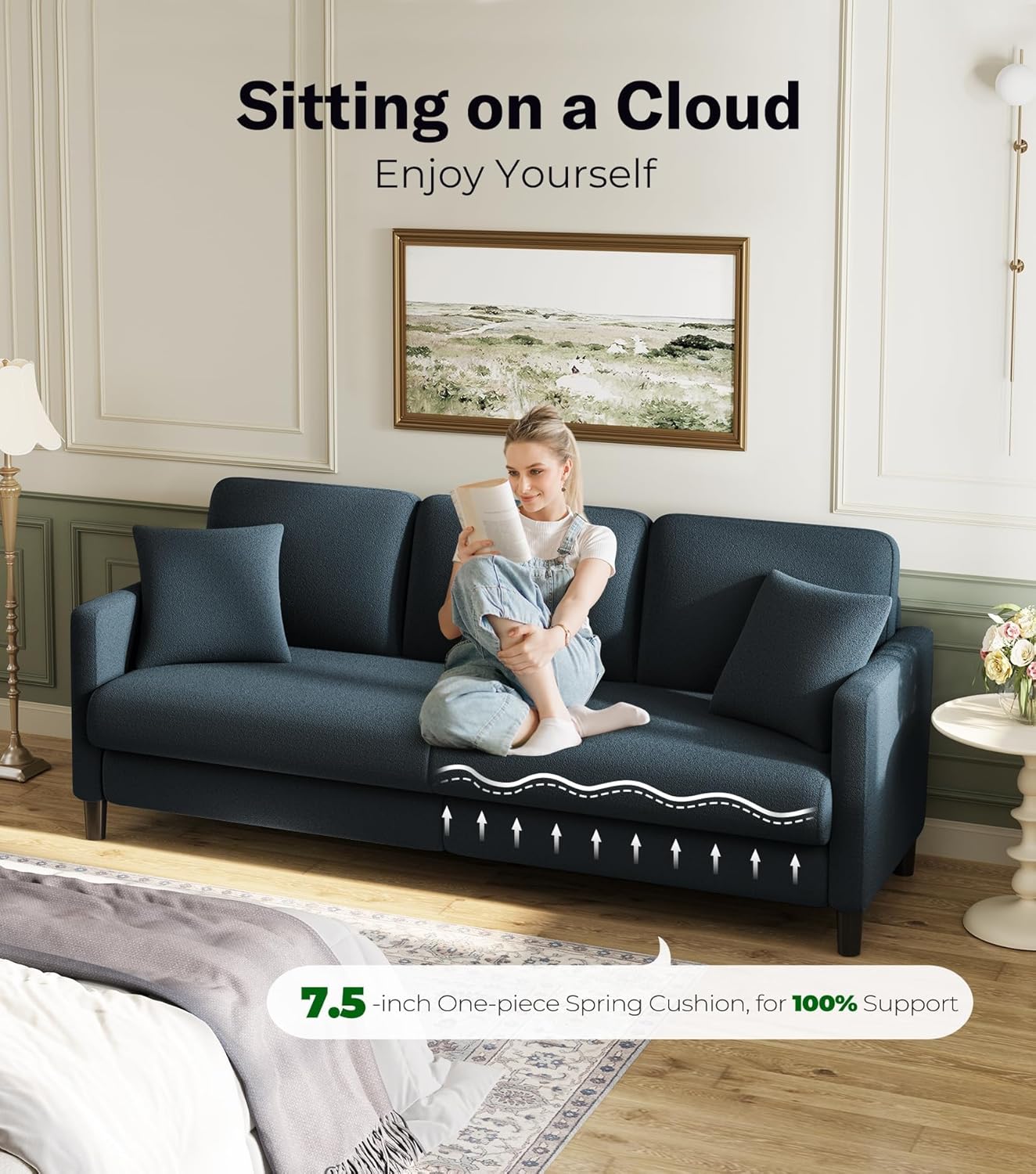 83" Sofas for Living Room, Comfy Love Seat Couches, Teddy Fleece Loveseat Sofa, Tool-Free Setup Couches for Living Room, All-Wood Sofa Couch, Small Couch 2 Pillow Included, Blue Grey - Grand Goldman