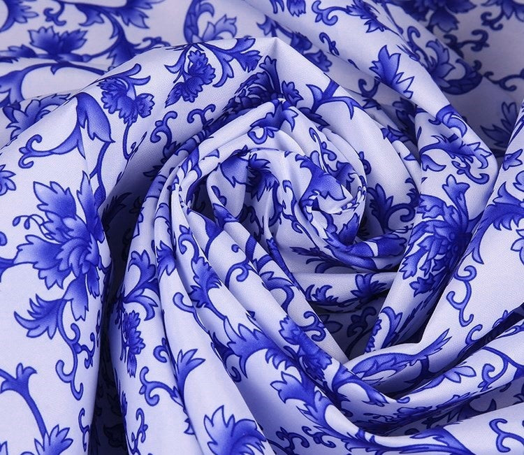 Blue Flower Classical Printed Cloth With White Background Fabric