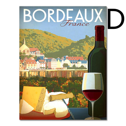 vintage Bordeaux Mural Canvas Wine Country, Affiche de carte touristique